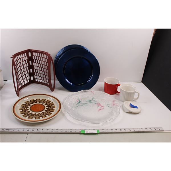 Silicon Coated Rack, Large Serving Platter, Stoneware Plate, (13) Blue Plastic Plates (Some Cracked)