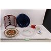 Image 1 : Silicon Coated Rack, Large Serving Platter, Stoneware Plate, (13) Blue Plastic Plates (Some Cracked)
