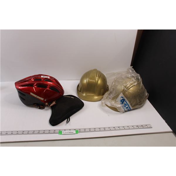 Mongoose Bicycle Helmet, Bicycle Double Gel Seat Pad & (2) Gold Hard Hats (Manufactured in 1995)