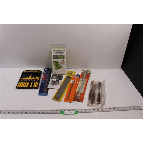 Various Shop Items - Easy Match Screw And Bit Guide, 3/16 Round File, Chainsaw File, Punch/Chisel Se