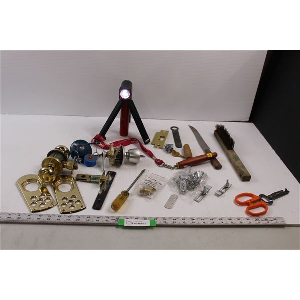 Various Shop/Household Items - Door Knobs, Brackets, LED Flashlight, Wire Brush, Knife, ,Screwdriver