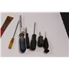 Image 4 : Shop Tools - Screwdrivers, Chisel, 3/8" Drive Ratchet, Snap Ring Pliers, Pry Bar, Awl etc.. & Vintag