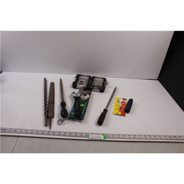 Shop Tools - 3/4" Auger Drill Bit, Masonry Drill Bits, Crescent Wrench, Large Flat Head Screw Driver