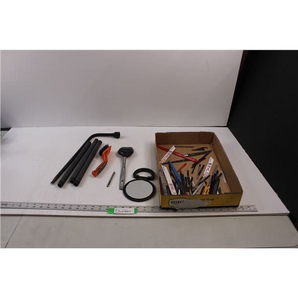 Various Shop Items - 12" x 3/4" Poly Nipples, Tire Iron, Various Sawzall & Jigsaw Blade, Mirror, Pun