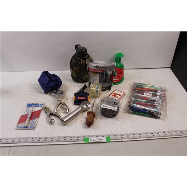 Various Items - Canteen, Hole Punches, Combo LockBag Of Pens, Calgary Flames Playing Cards, Tape Fun