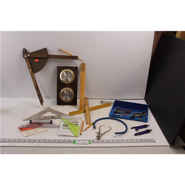 Various Items - Humidity/Temperature Gauges, Large Wooden Compass. Staedtler Mars Products (Geometry