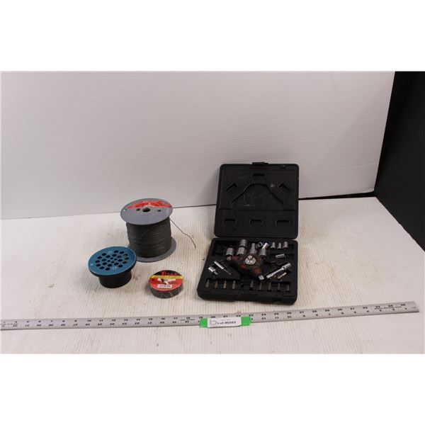 Spool of Anchor Wire, Electrical Tape, Job Mate Ratcheting Driver/Socket Set & Floor Drain (4.25" fo