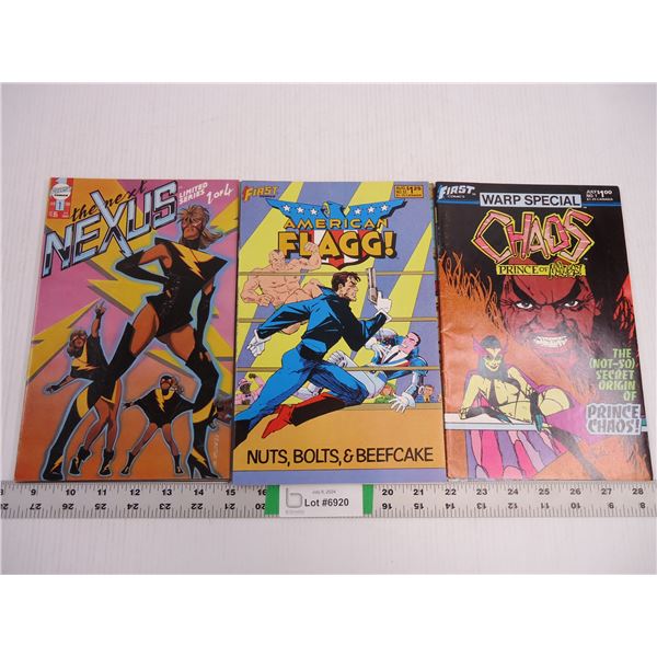 (5) American Flagg,(3) Nexus and (2) Chaos Comic Books