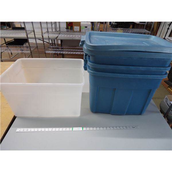 *(3) Rubbermaid Totes-61x40x41.9 (2 have lids) and 1 Clear Tote with Wheels