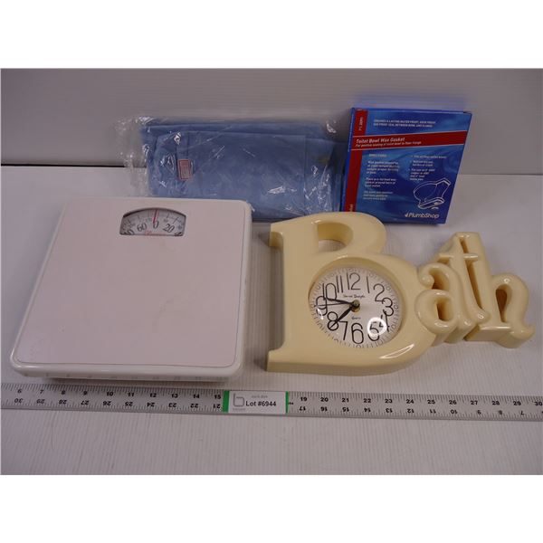 Bathroom Scale, Clock, Shower Curtains and Toilet Bowl Gasket