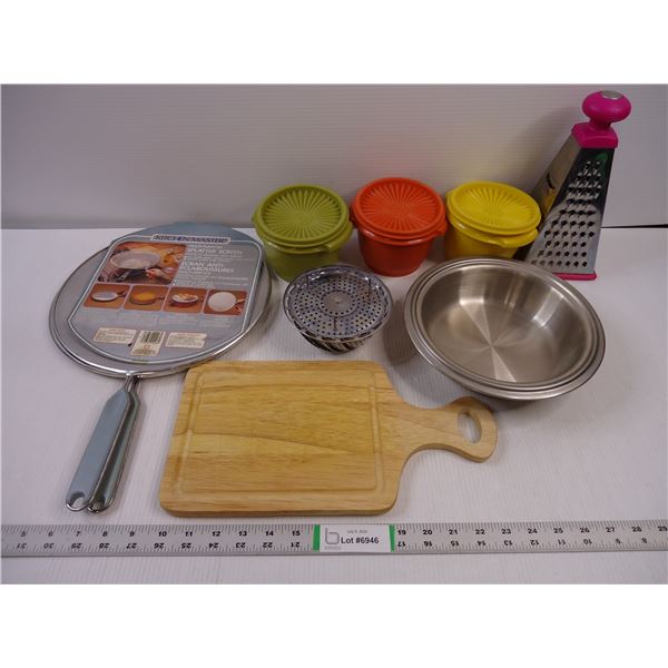(3) Tupperware Containers,(2) Splatter Screens, Cutting Board, Grater, Metal Bowl, and Steamer