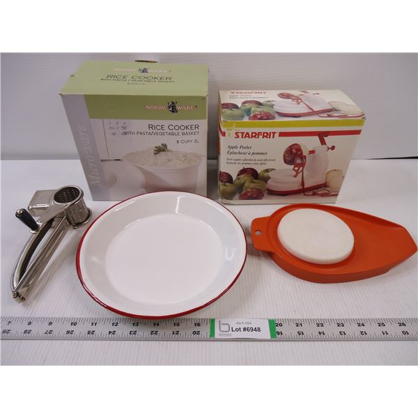 Rice Cooker, Apple Peeler, Vintage Cheese Grater, Tupperware Cutting Board and Enamelware