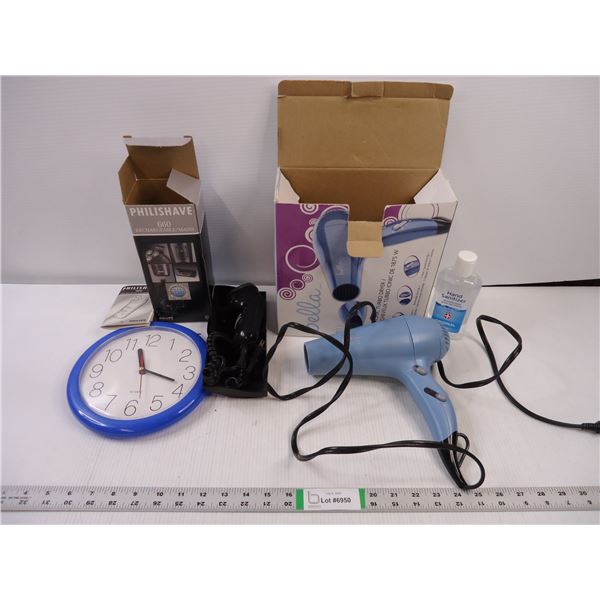 Hair Dryer(working),Philishave(did not power on, may need charging, as is, Clock and Sanitizer