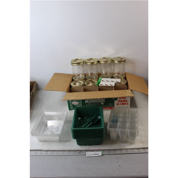 (12) Bernardin Mason Jars, Plastic Starting Potters