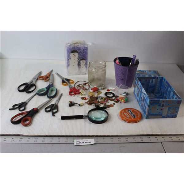 (8) Pairs of Scissors, Pens, Jar of Pennies, Misc.