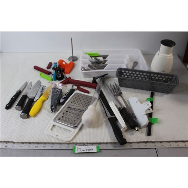 Assorted Kitchen Utensils & Knives, Oxo Slap chop