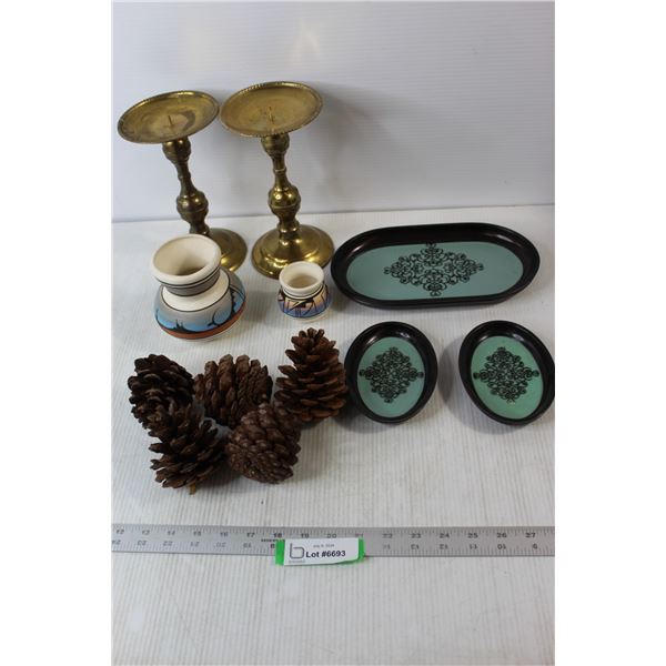 (2) Brass Candle Holders, (3) Trinket Trays, (2) Hand Painted Vases, Scented Pinecones