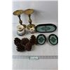Image 1 : (2) Brass Candle Holders, (3) Trinket Trays, (2) Hand Painted Vases, Scented Pinecones