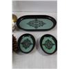 Image 2 : (2) Brass Candle Holders, (3) Trinket Trays, (2) Hand Painted Vases, Scented Pinecones