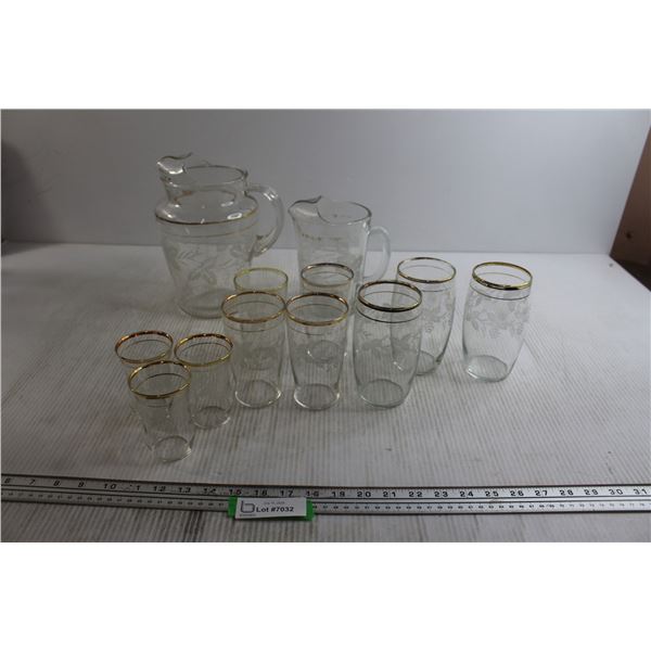 Vintage Bartlett Collins Grapevine Frosted (2) Water Pitchers and (10) Various Glasses