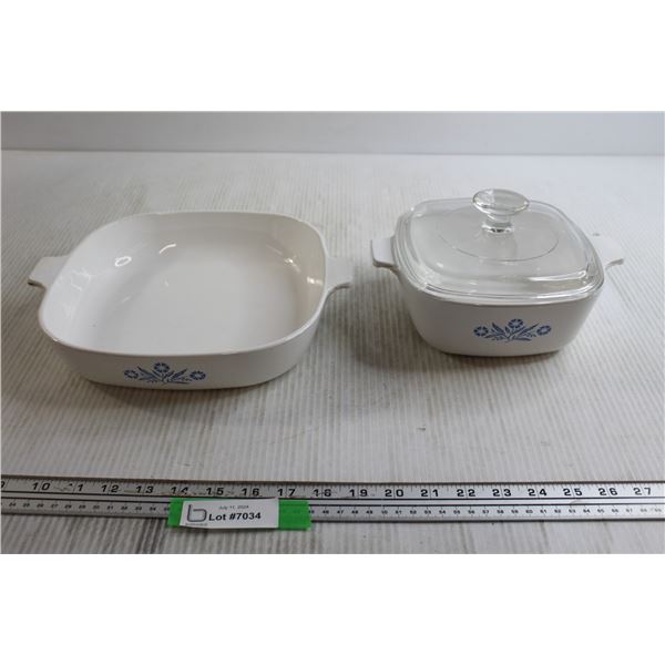 (2) Corningware Cornflower Casserole Dishes, (1) Pyrex Lid