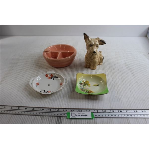 (2) Candy Dishes, 1940s Baby Warming Dish and Dog Statue