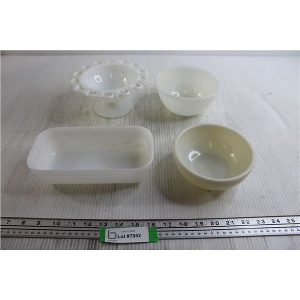 Anchor Hocking Lace Milk Glass Bowl, Fire King White Butter Dish, (2) Bowls
