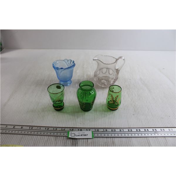 (3) Bohemian Green Glass Vase and Cordials, Sugar Bowl, Jiffin (??) King Crown Pitcher