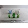 Image 1 : (3) Bohemian Green Glass Vase and Cordials, Sugar Bowl, Jiffin (??) King Crown Pitcher