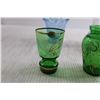 Image 4 : (3) Bohemian Green Glass Vase and Cordials, Sugar Bowl, Jiffin (??) King Crown Pitcher