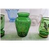 Image 5 : (3) Bohemian Green Glass Vase and Cordials, Sugar Bowl, Jiffin (??) King Crown Pitcher