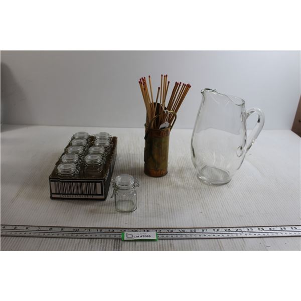 (10) Clasp Jars, Matchsticks, Glass Pitcher
