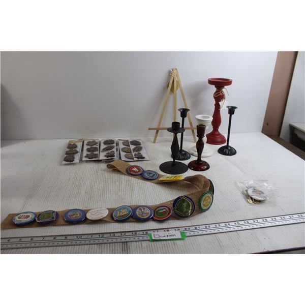 Assorted Candleholders, Pins, Misc