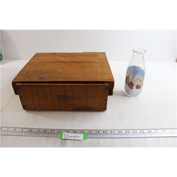 Painted Glass Milk Bottle, Wooden Egg Crate