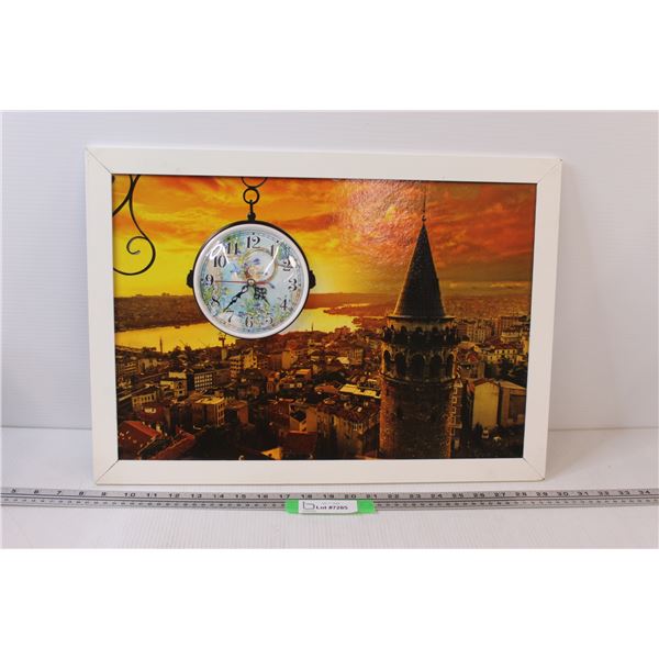 City View Picture w/Built in Clock - 21.5"x15.5" - Clock Untested, as is