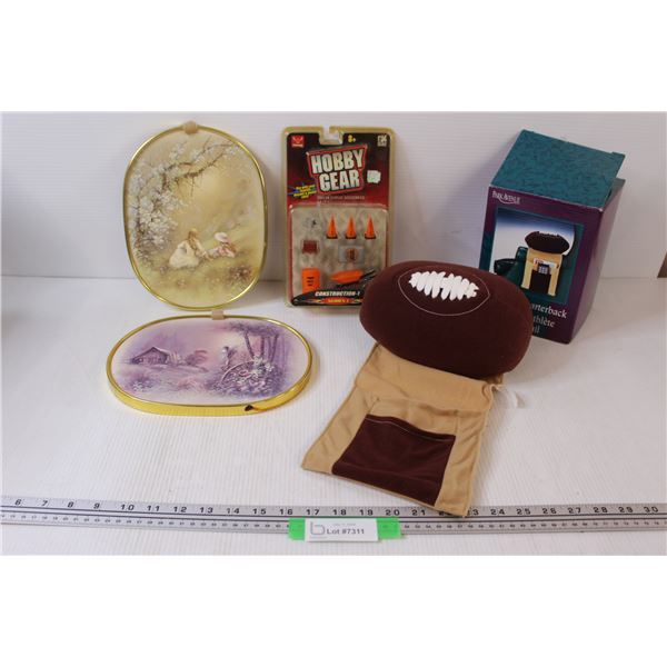 (2) Vintage Pictures in Metal Frames, Hobby Gear Set, Football Remote Holder