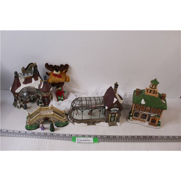 (4) Christmas Village Display (Bridge Has Some Chips) & Reindeer Sounds Toy (as is)