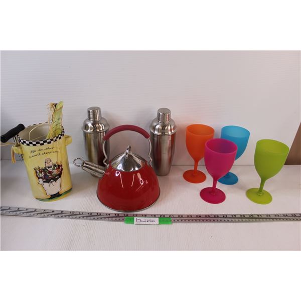 Red Kettle, (2) Margarita Shakers, (4) Plastic Wine Glasses, Wine Ice Bucket & Cheese Board