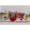 Image 1 : Red Kettle, (2) Margarita Shakers, (4) Plastic Wine Glasses, Wine Ice Bucket & Cheese Board