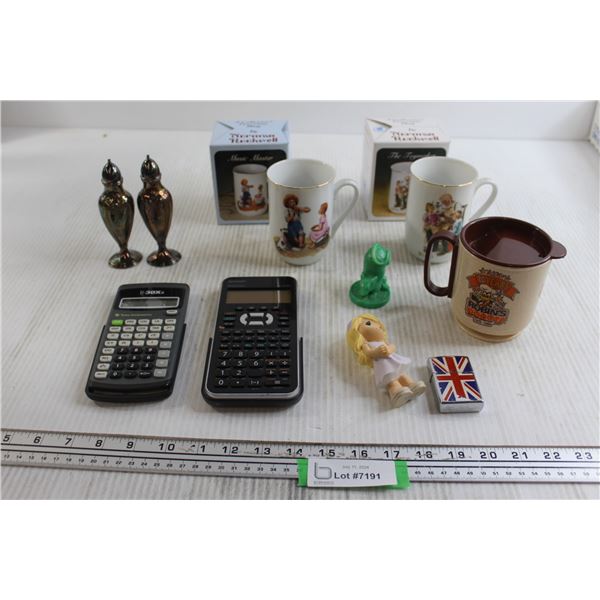 (2) Norman Rockwell Mugs, (2) Calculators - As Is, Misc.