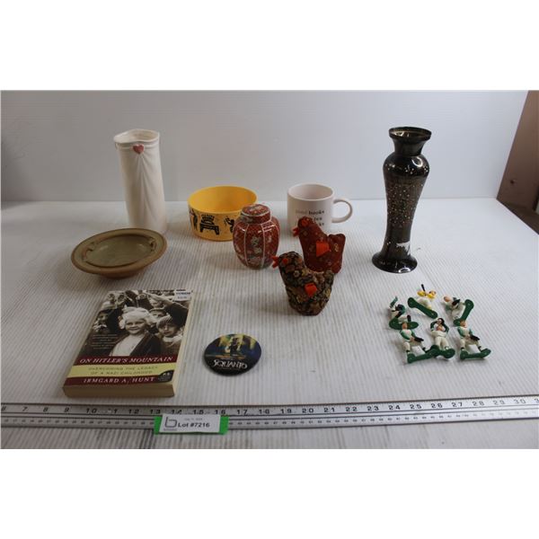 (6) Baseball Figurines, Vase with Hearts, Misc.