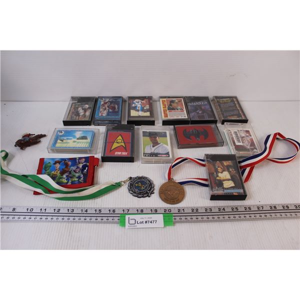 (12) Sports Cards in Cases (Horse, Baseball, Movie), Toy Story Wallet, (2) Medals