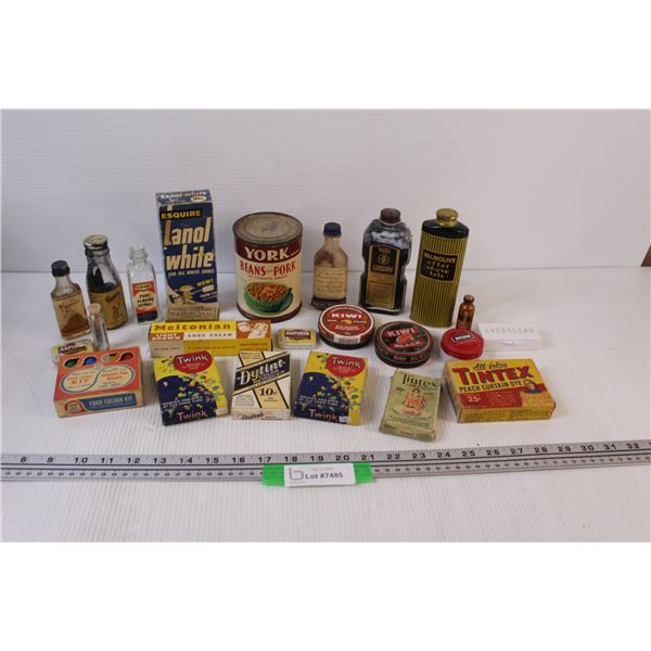 Vintage Glass & Tin & Cardboard Box Containers (Some Contain Liquids, Can Not Ship)