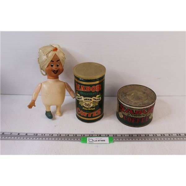 (2) Nabob Coffee Tins & Genie w/missing shoe