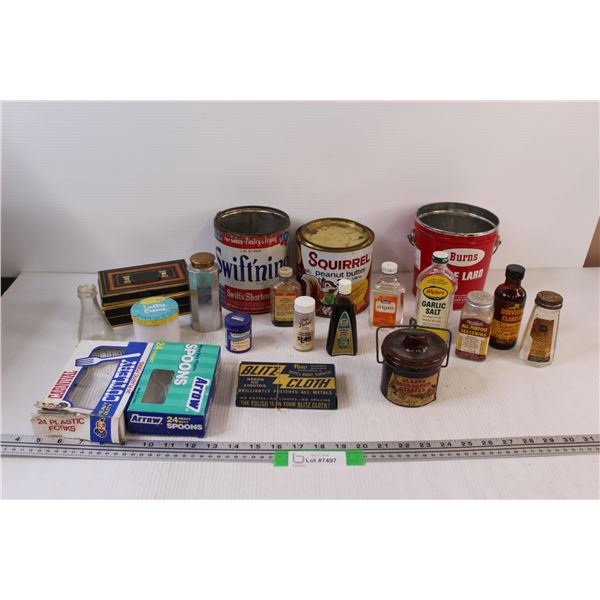 Vintage Glass & Tin & Cardboard Box Containers (Some Contain Liquids, Can Not Ship)