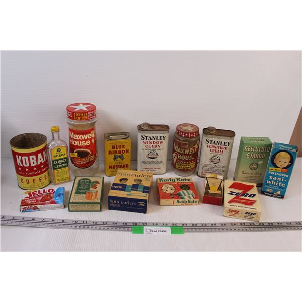 Vintage Glass & Tin & Cardboard Box Containers (Some Contain Liquids, Can Not Ship)