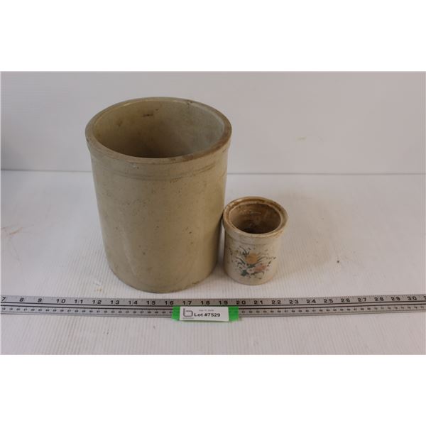 Crock - 9" x 7.5" & Small Crock w/Flower Design - 4"x4"