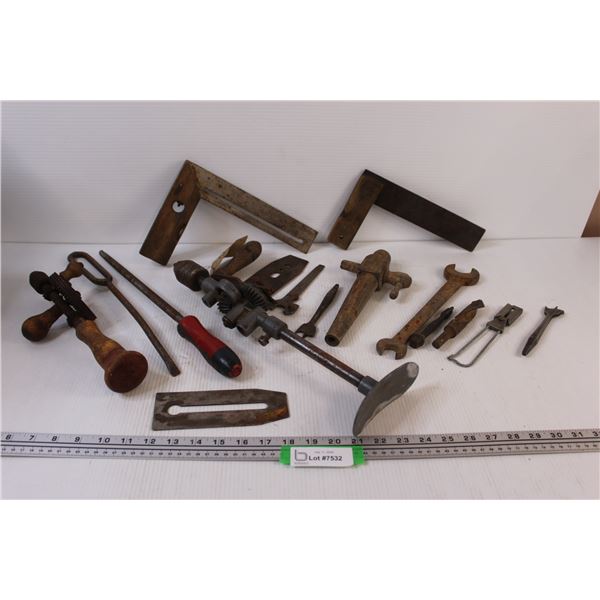 Vintage Tools: Hand Crank Drills, Squares, Drill Bits, Rasp, Misc.