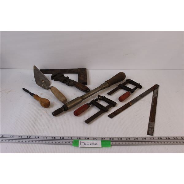 Vintage Tools: Square, Pipe Wrench, Clamps, Mortar Spreader, Hand Drill, Ruler