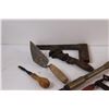 Image 2 : Vintage Tools: Square, Pipe Wrench, Clamps, Mortar Spreader, Hand Drill, Ruler